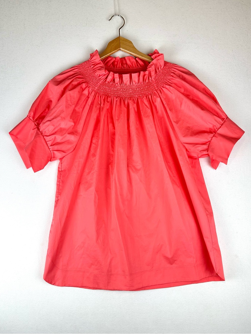 Monica Nera Franka Oversized Poplin Cotton Top Smocked Peasant Blouse NWT Coral